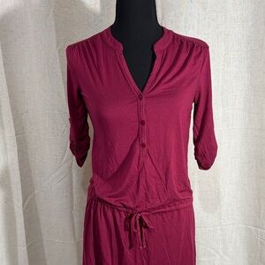 Three Dots Burgundy Button-Front Drawstring Dress